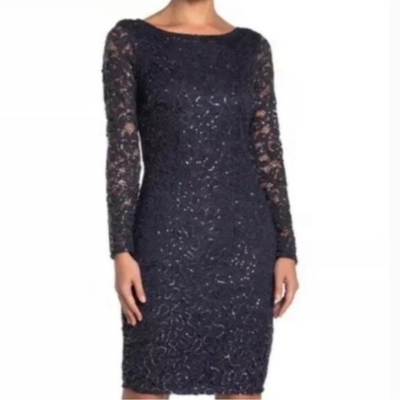 MARINA Navy blue Longsleeve Sequin Sheath Cocktail Dress Low Back Size ~ S - Picture 10 of 10